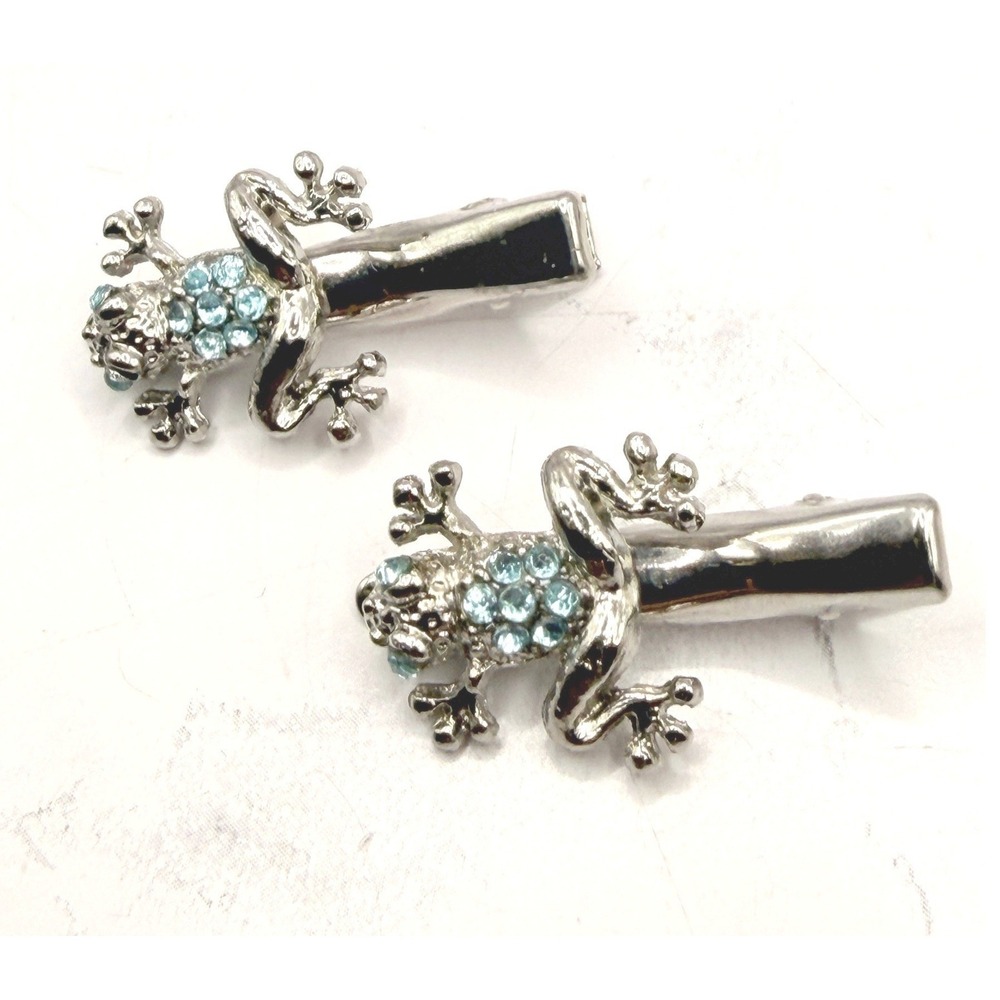 2 Silver Frog Tie Bar Blue Rhinestone‎ Novelty Tie Clasp